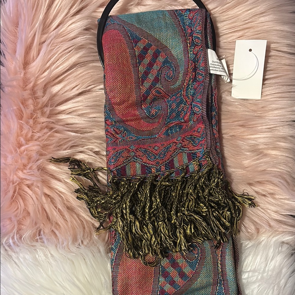 Red and Blue Ornate Scarf with Fringe